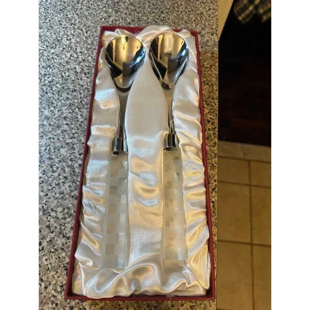 Lucien Piccard Salad Server Set with Checkered Handle New